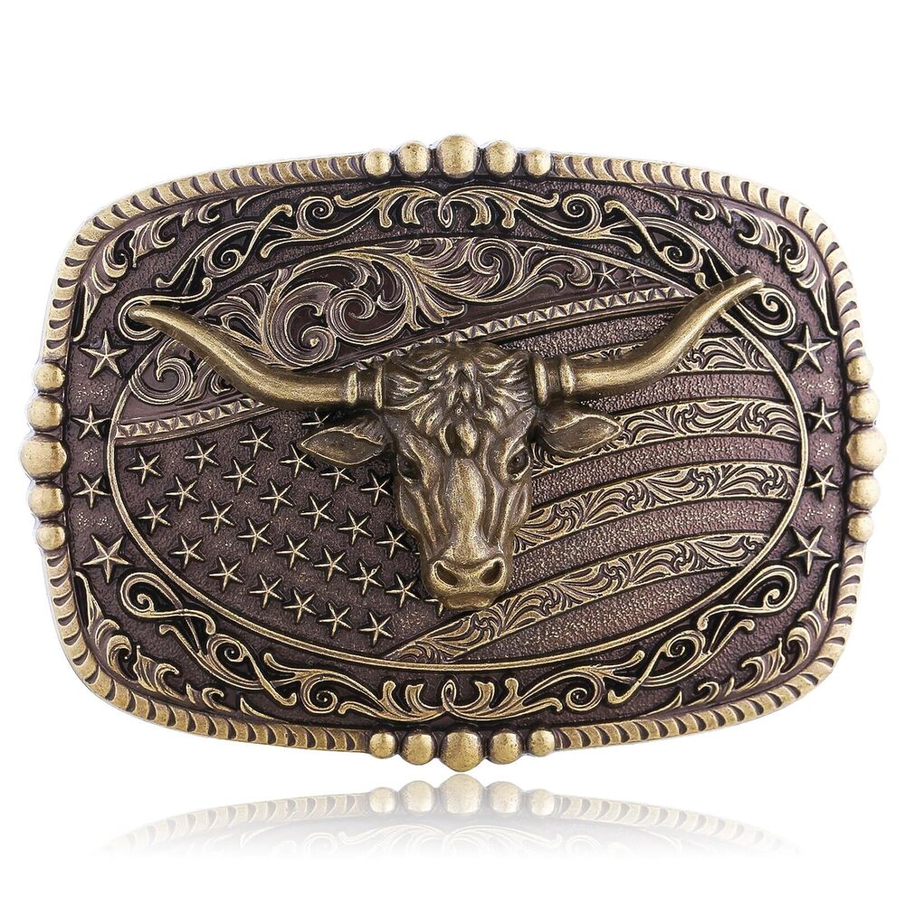 8754 Long Horn Bull Western American Flag Belt Buckle Cowboy Cowgirl Belt